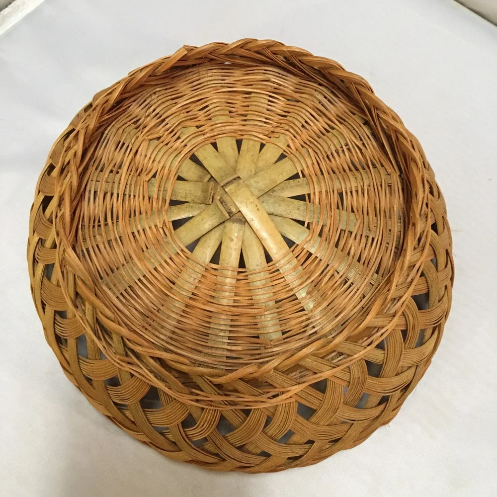 Woven Bamboo Basket Home Decor Medium Brown Round Lattice Weave Cottagecore